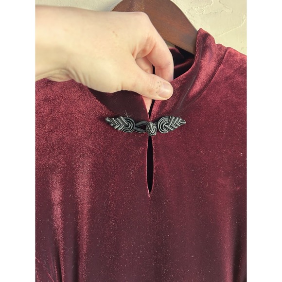 Vintage 90s David Warren Burgundy Velvet Maxi Dress 12 Mandarin Whimsigoth - Picture 5 of 8